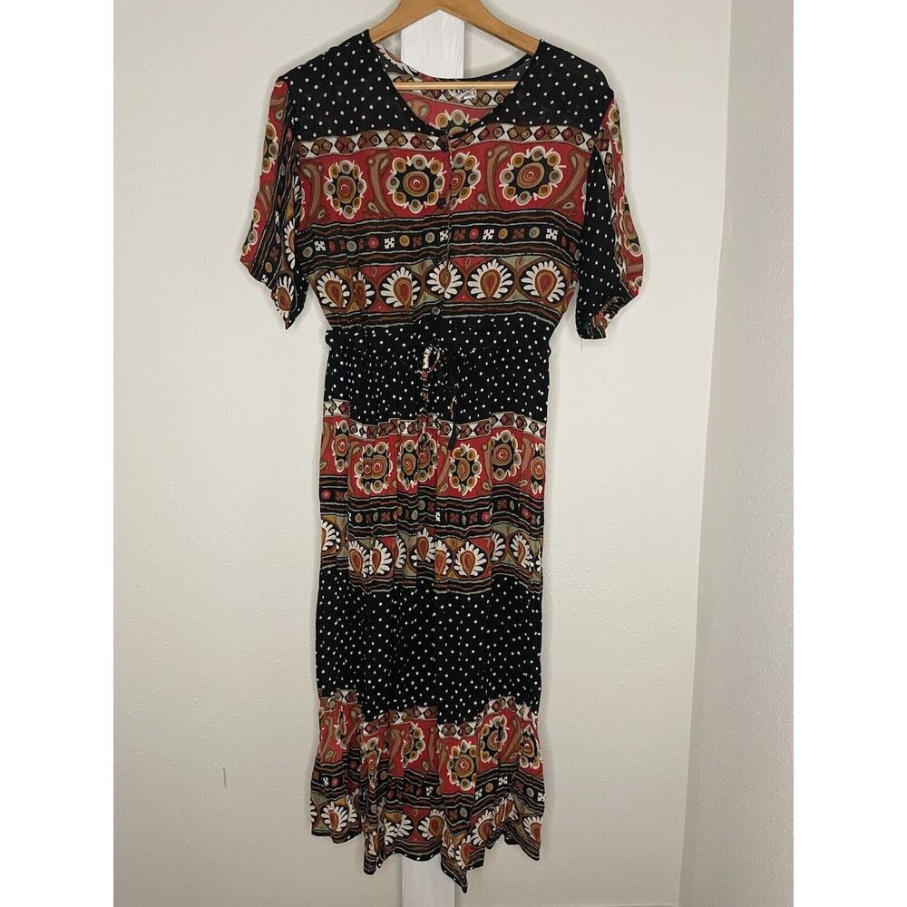 VTG 90s Tina Boho Midi Shift Dress Size Medium Granny Cotton Gauze Rayon Hippie